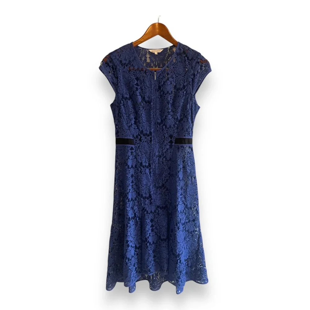 Rebecca Taylor Blue Floral Lace Cap Sleeve Fit &‎ Flare Dress Size 2 Zip Front
